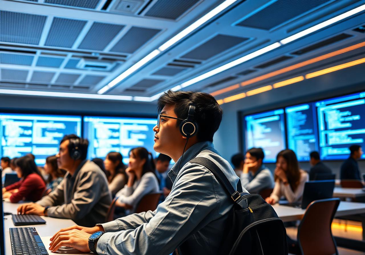 Students in a futuristic tech lab